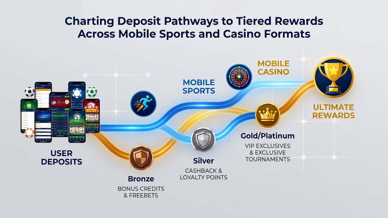 Darstellung gestaffelter Belohnungsebenen und mobiler Transaktionsflüsse in Sport- und Casino-Formaten