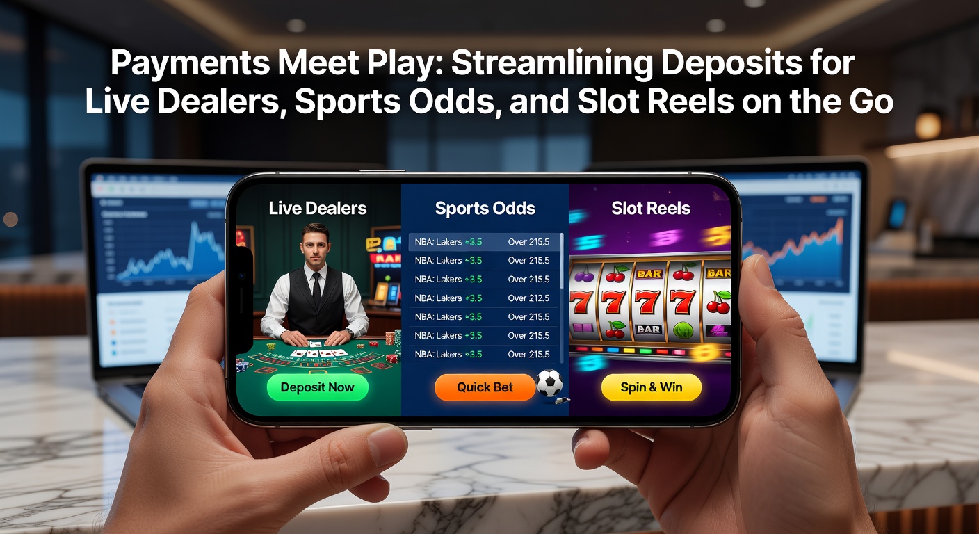 Grafik einer Slot-Maschine auf dem Smartphone-Bildschirm mit Einzahlungs-Button und Sportwetten-Overlay, symbolisierend nahtlose mobile Zahlungen